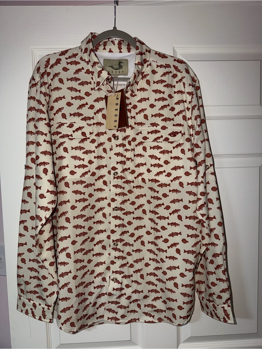 Decoy Long-Sleeve Button-Up Shirt Jacket with Rust Fish Print